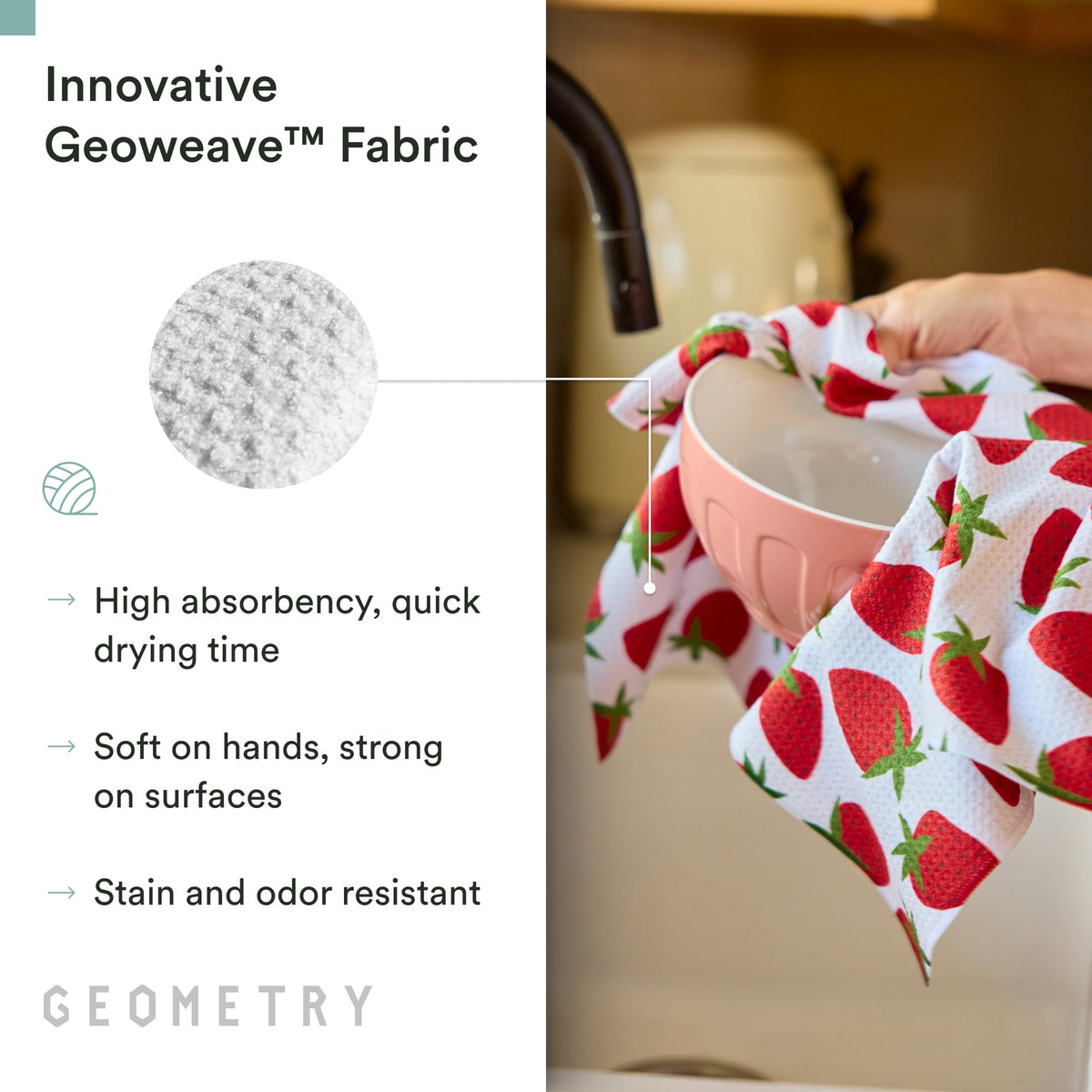 GEOMETRY spring-summer print towel brightens kitchen while wiping spills.