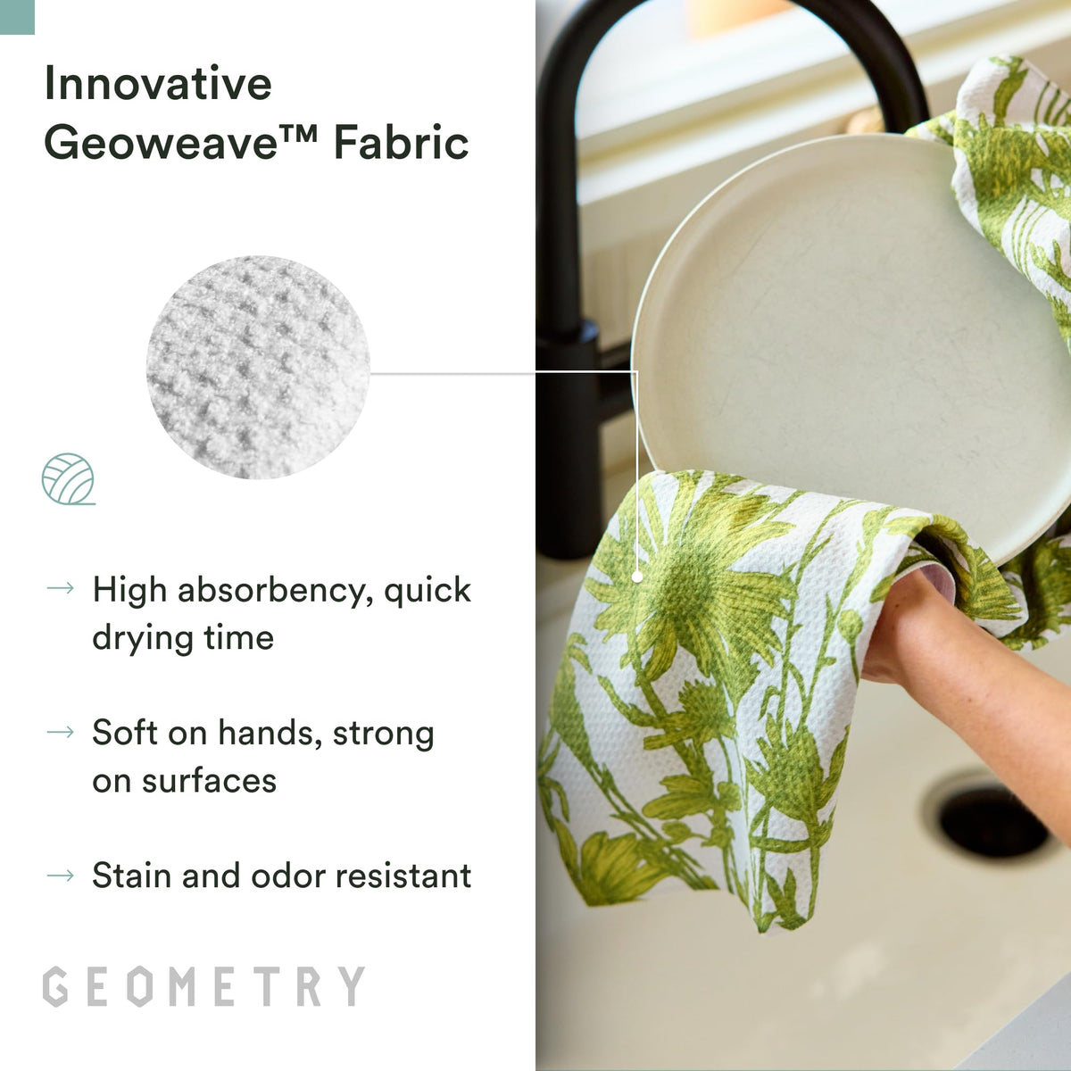GEOMETRY Tea Towel drying dishes close-up highlighting strong absorbency