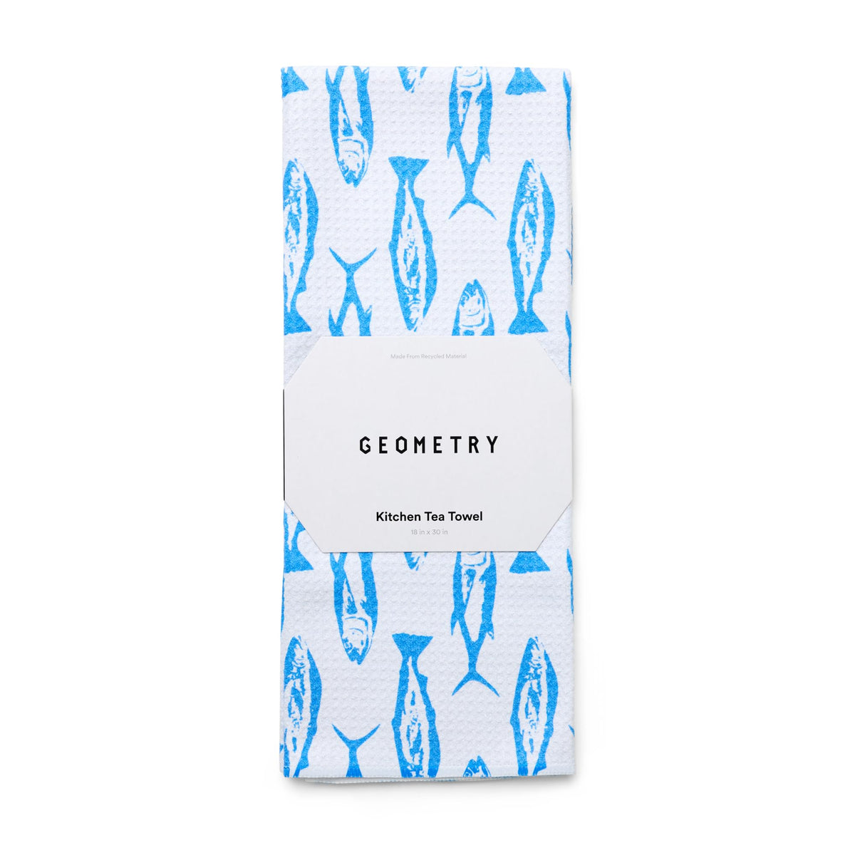GEOMETRY Coastal Catch tea towel pack dries dishes quickly with a soft, scratch-free microfiber.