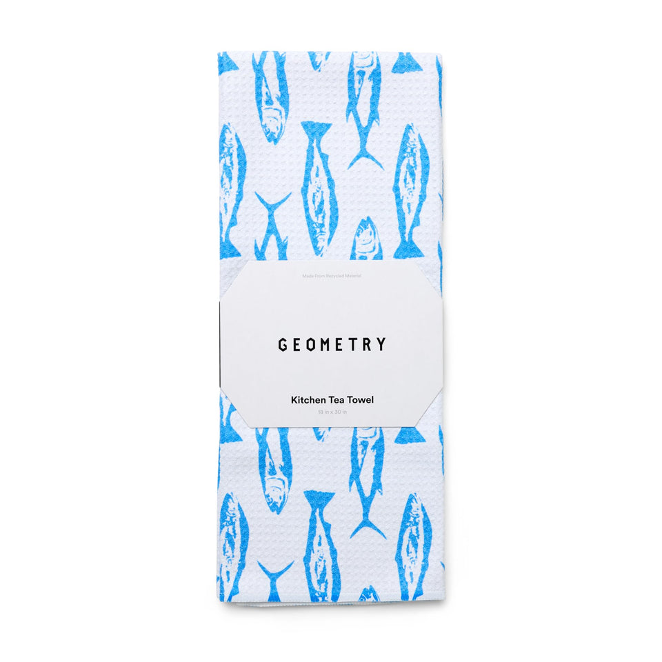 GEOMETRY Coastal Catch tea towel pack dries dishes quickly with a soft, scratch-free microfiber.