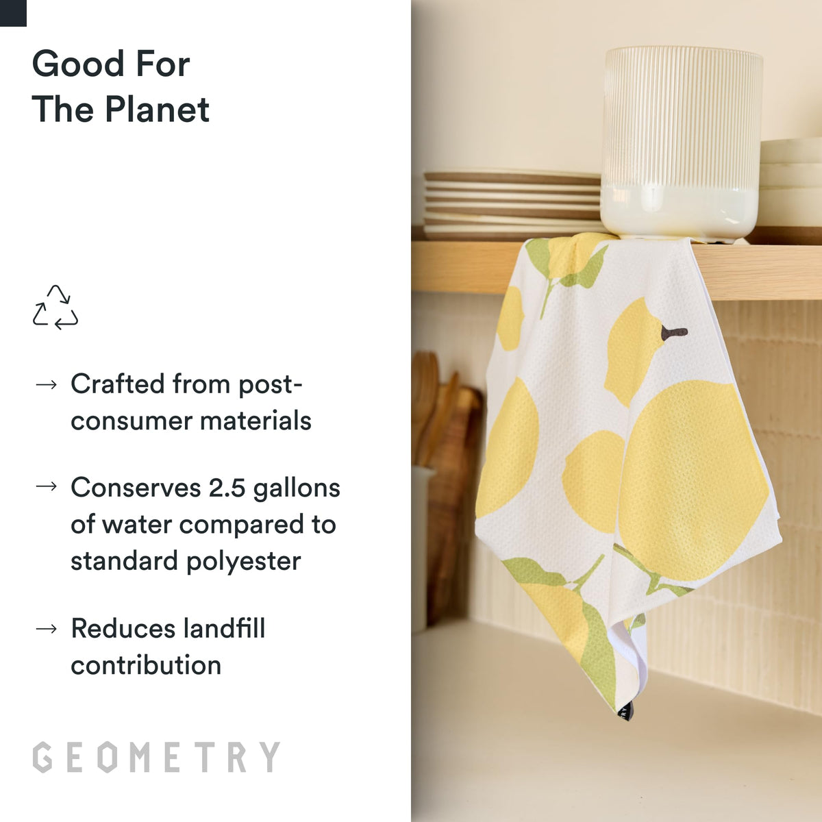 GEOMETRY Towels drying dishes show efficient moisture removal for glassware care.
