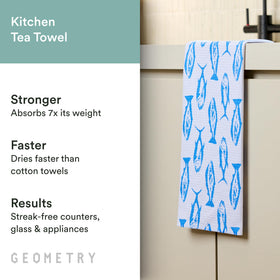 Close-up of GEOMETRY Coastal Catch fabric emphasizing quick-dry, high-absorbency performance.