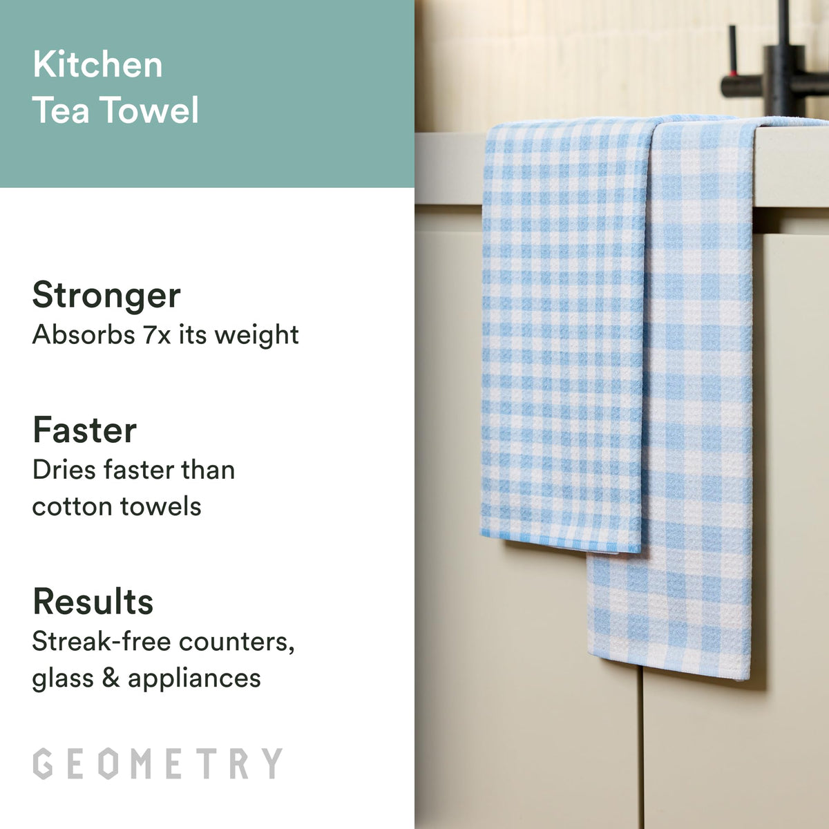 GEOMETRY tea towels show quick dry and high absorbency in the kitchen.