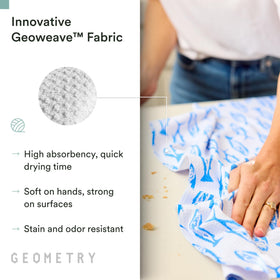 GEOMETRY Coastal Catch towels with stylish prints add a seasonal kitchen touch.