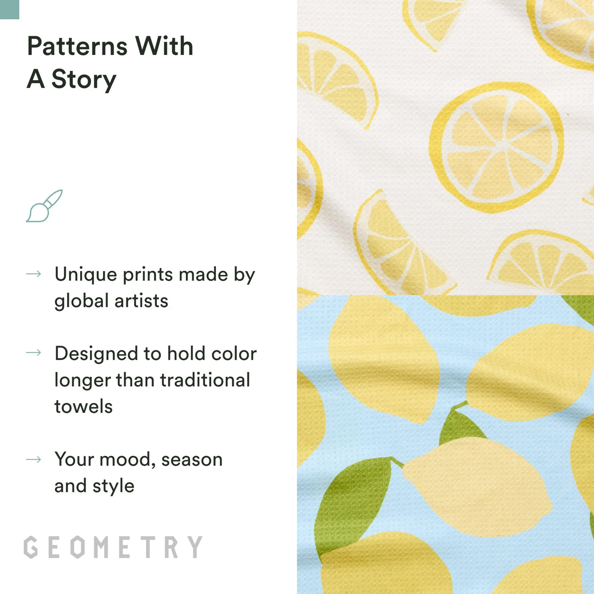 GEOMETRY Main Squeeze towel with stylish prints brightens the kitchen.
