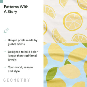GEOMETRY Main Squeeze towel with stylish prints brightens the kitchen.