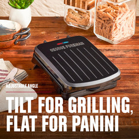 George Foreman Compact burger cooking shows quick, even results for burgers.