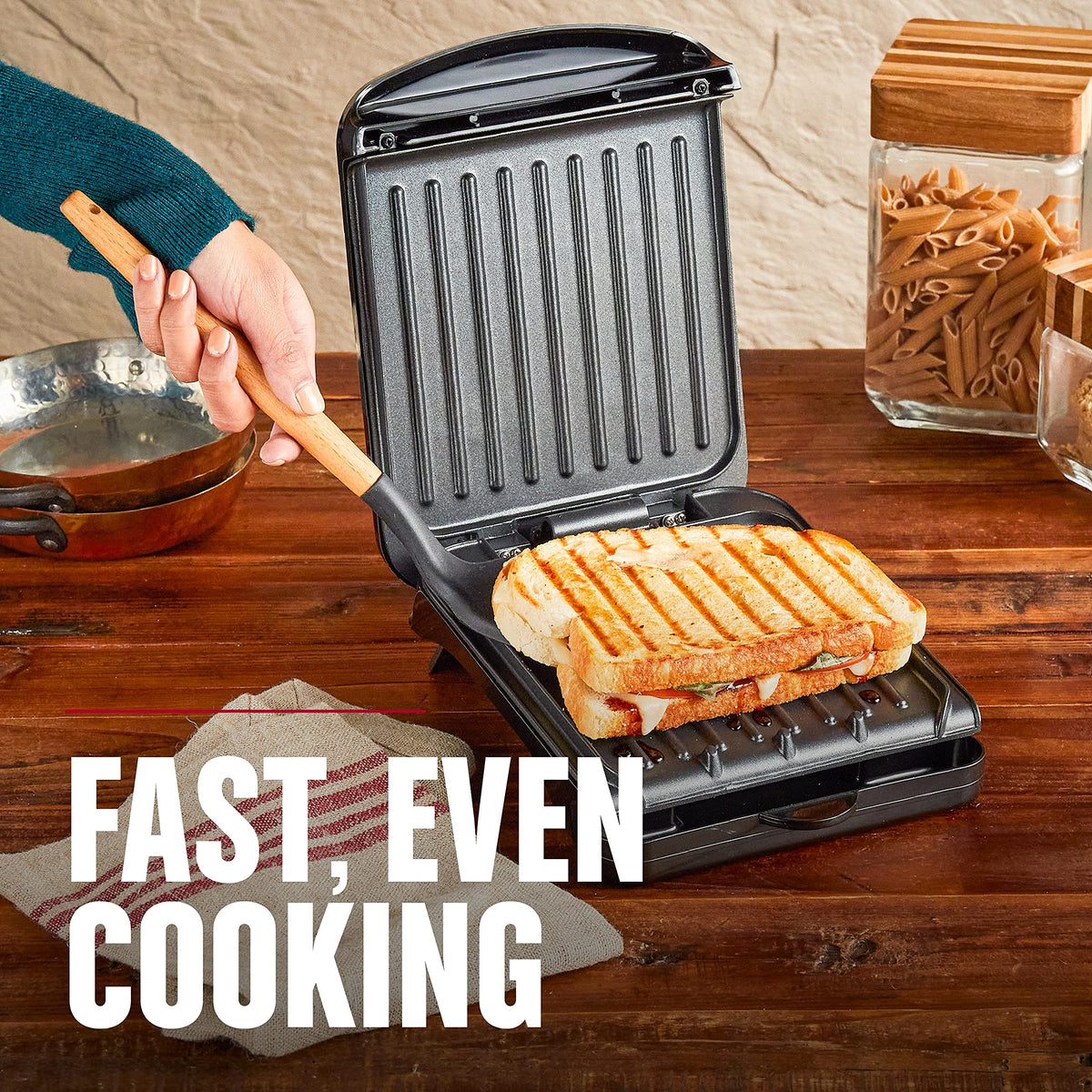 George Foreman Compact vertical storage keeps counters neat in small kitchens.
