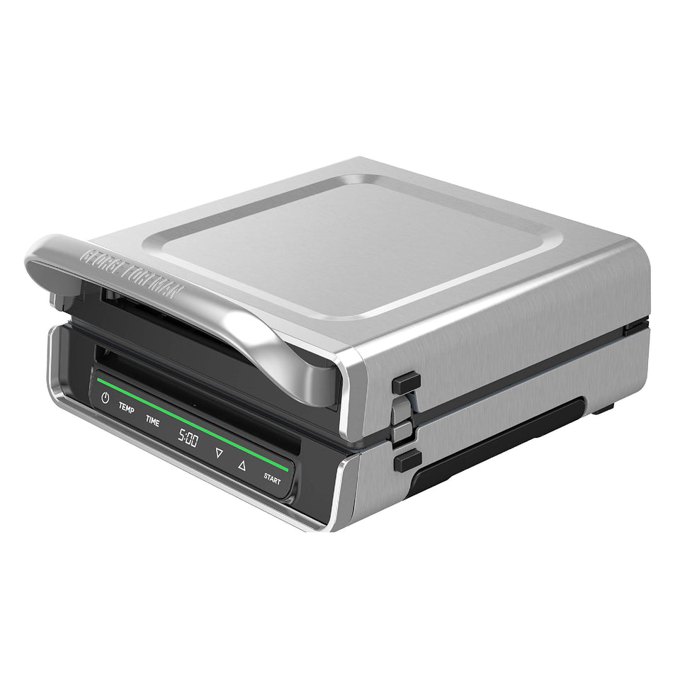 George Foreman Smokeless grill with digital controls guiding precise cooking.