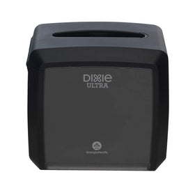 Georgia-Pacific Dixie Ultra tabletop black dispenser front view for quick, clean napkin access.