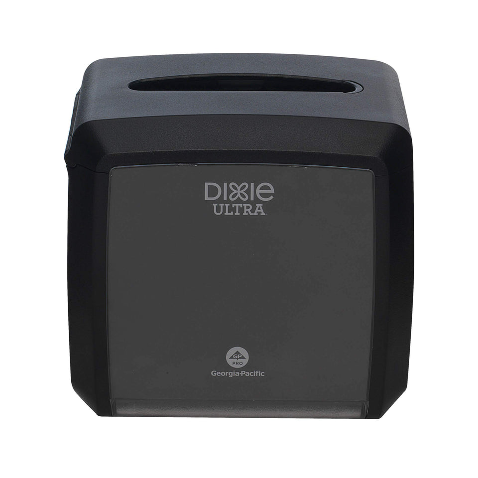 Georgia-Pacific Dixie Ultra tabletop black dispenser front view for quick, clean napkin access.