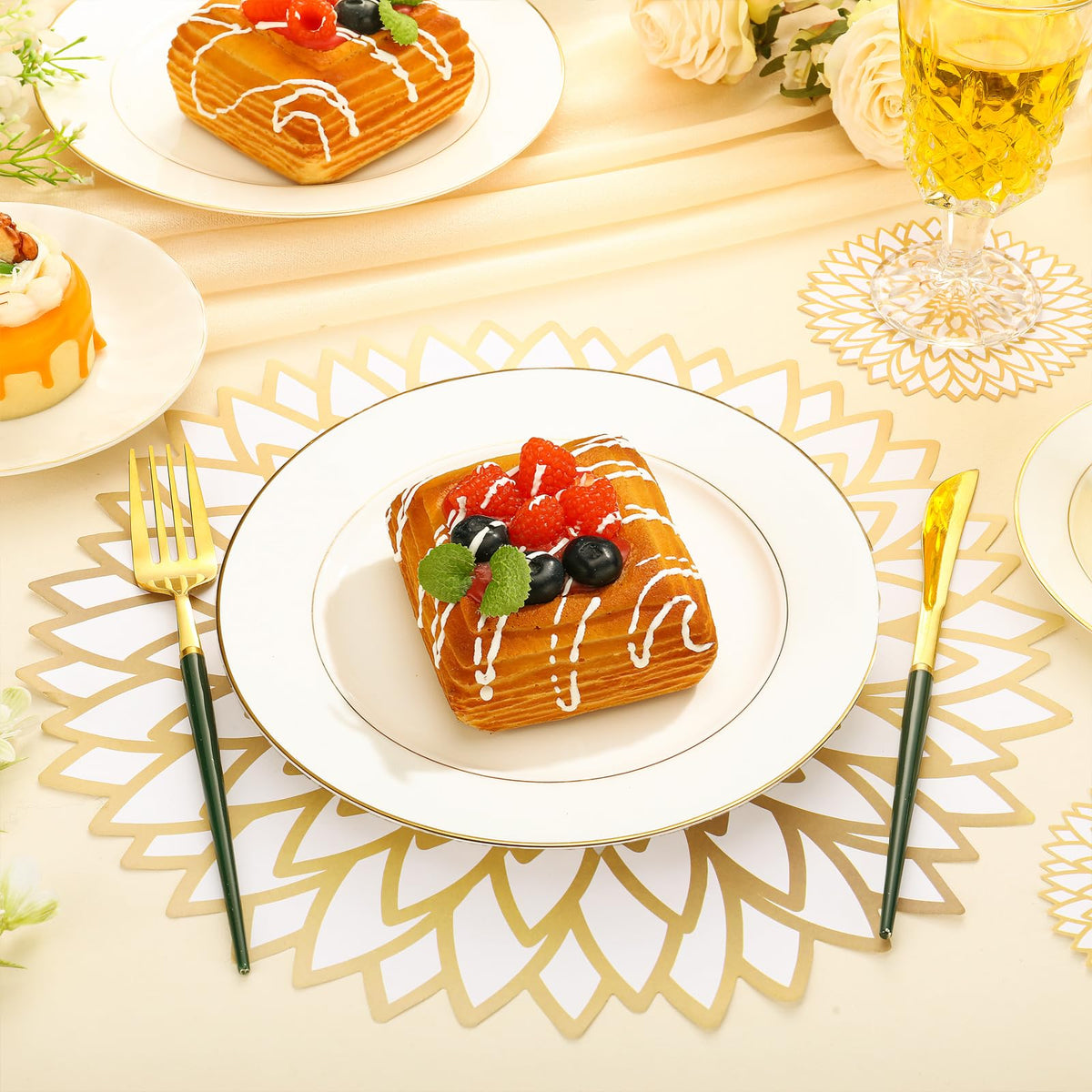 Geosar gold round coasters protect surfaces while adding chic style.