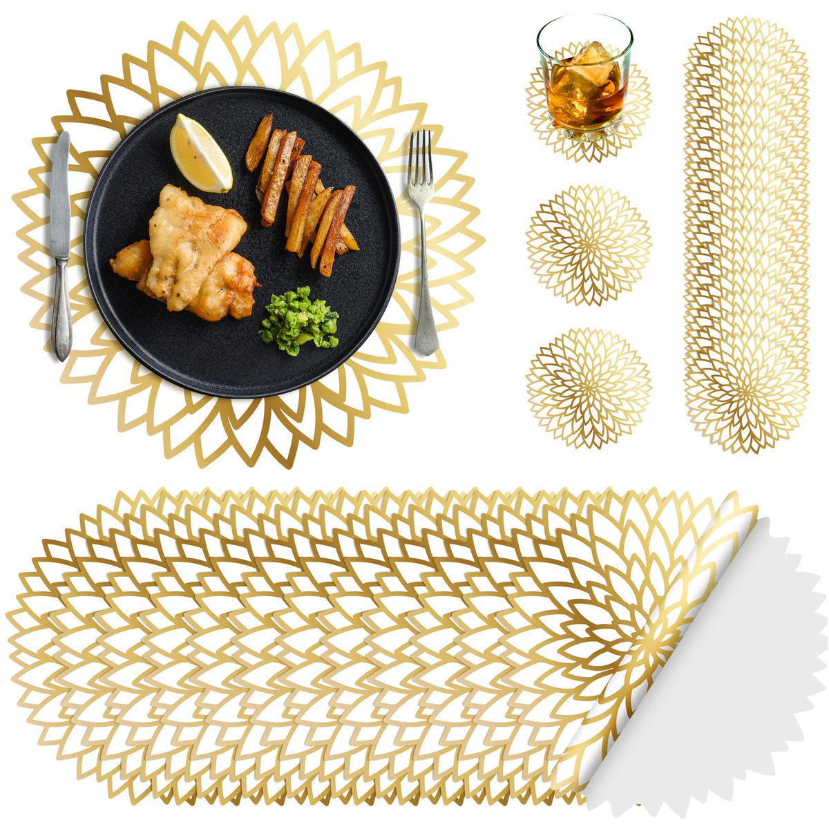Geosar gold round placemats enhance table settings with elegant shine.