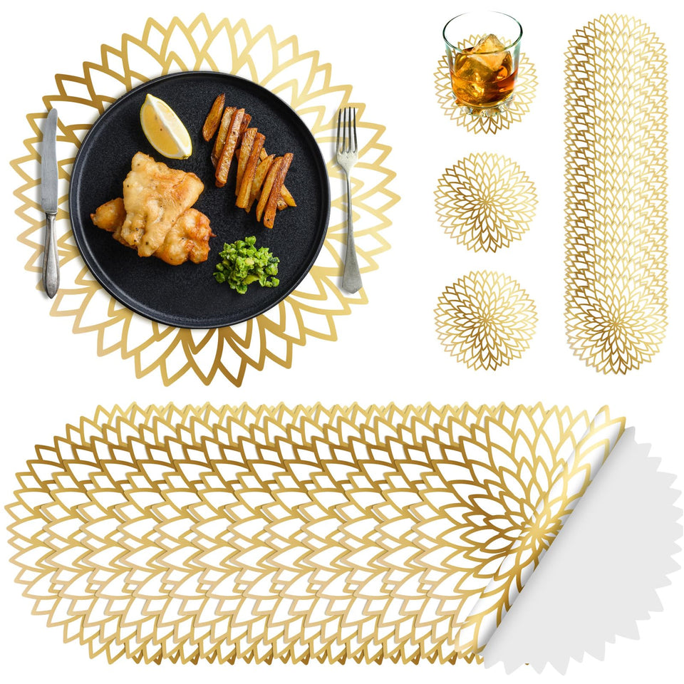 Geosar gold round placemats enhance table settings with elegant shine.