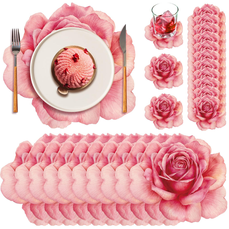 Geosar rose flower placemats pack enhances party decor with delicate pink blooms.