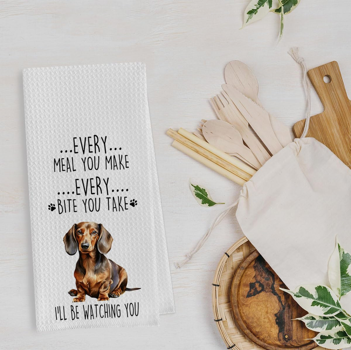 Geqtt dachshund dish towels hanging to dry in bright kitchen