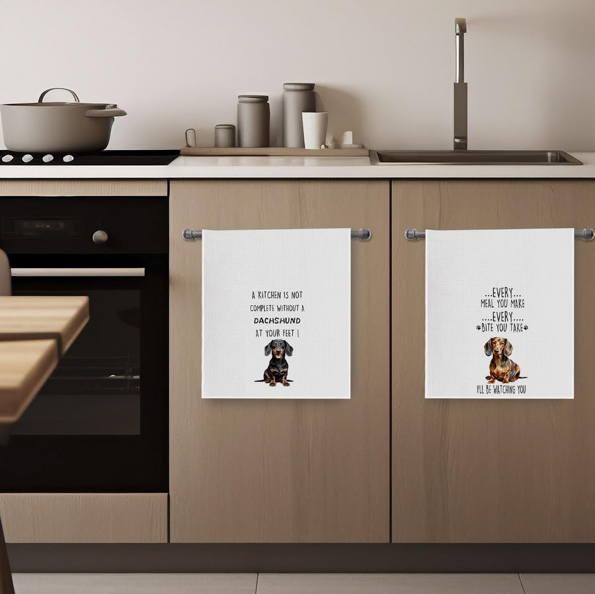 Geqtt dachshund dish towels in a cozy kitchen scene