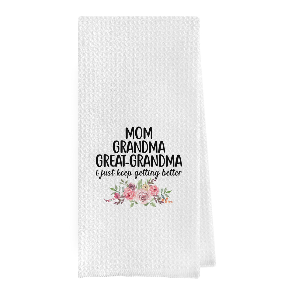 Geqtt Great Grandma dish towels folded on the counter show compact storage and style