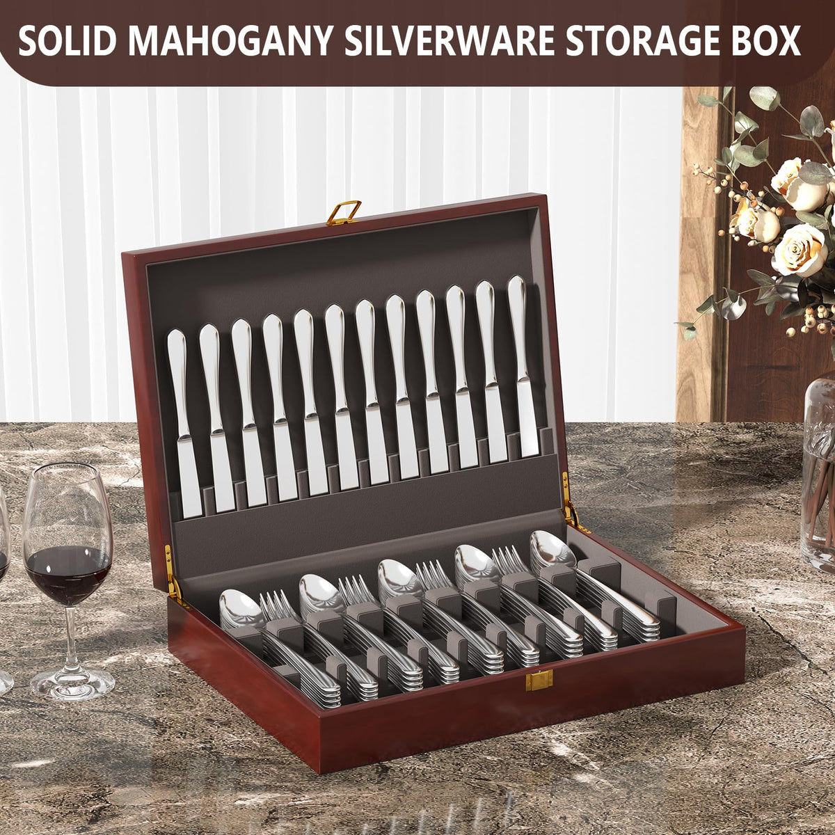 Gernshe deep slots fit 12-16 place settings for organized dining storage.