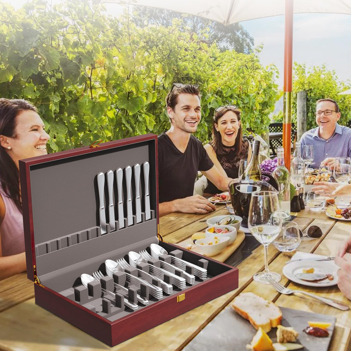 Gernshe elegant mahogany wood silverware box enhances dining room aesthetics.