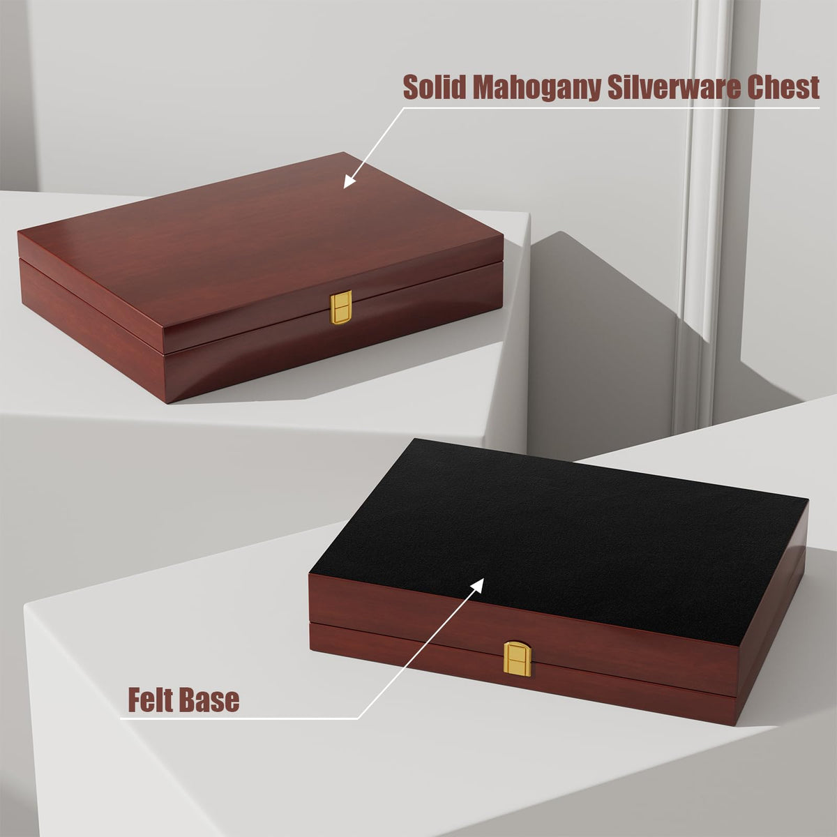 Gernshe silverware storage chest interior felt lining protects utensils.