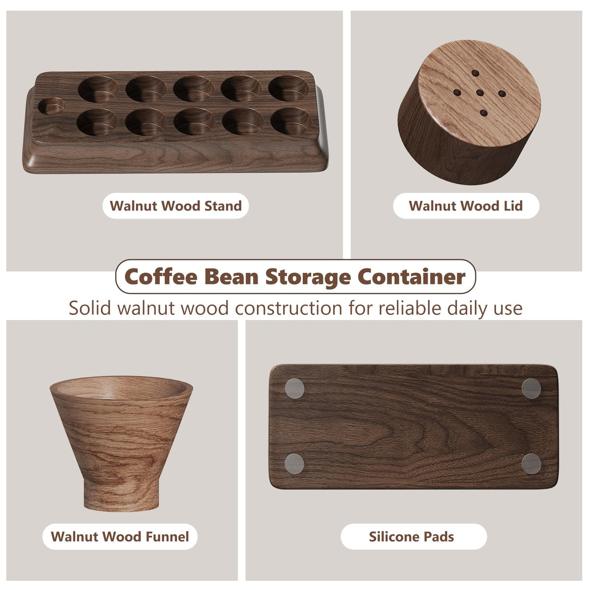 Gernshe walnut funnel and lids provide smooth transfer and airtight sealing.