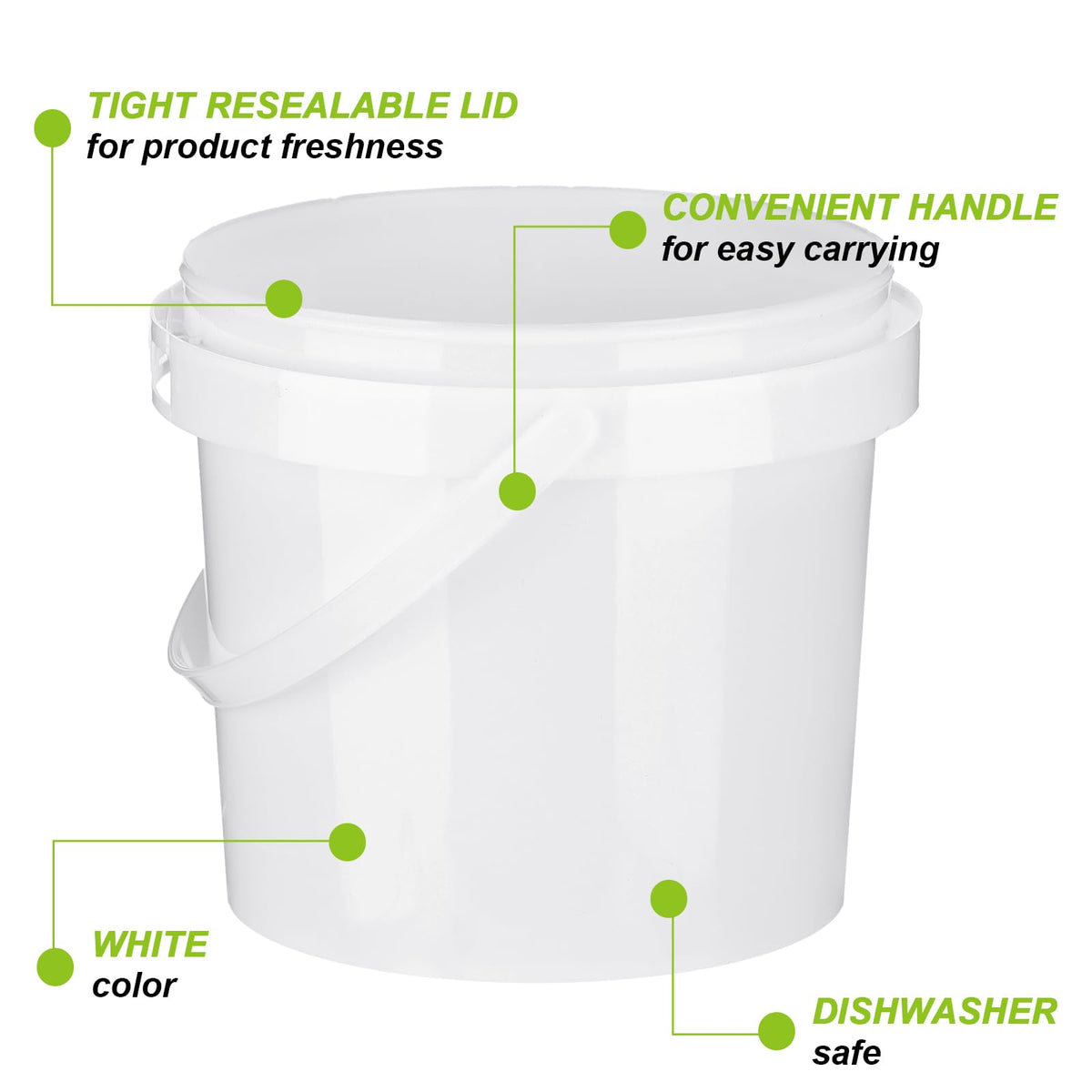 Gerrii white plastic bucket with handle shown in a workshop setting.
