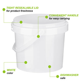 Gerrii white plastic bucket with handle shown in a workshop setting.