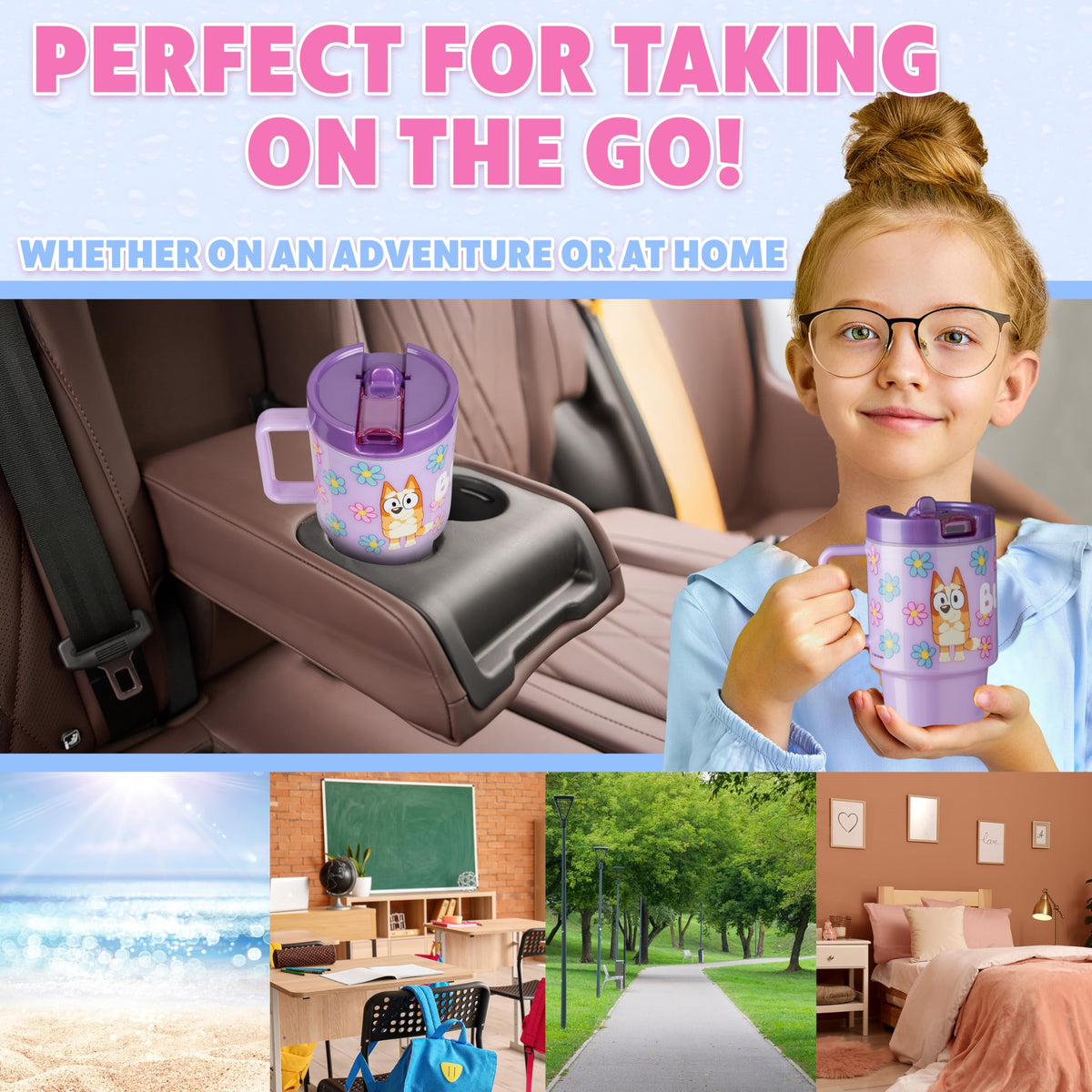Durable handle makes carrying the Bluey bottle easy for little hands.
