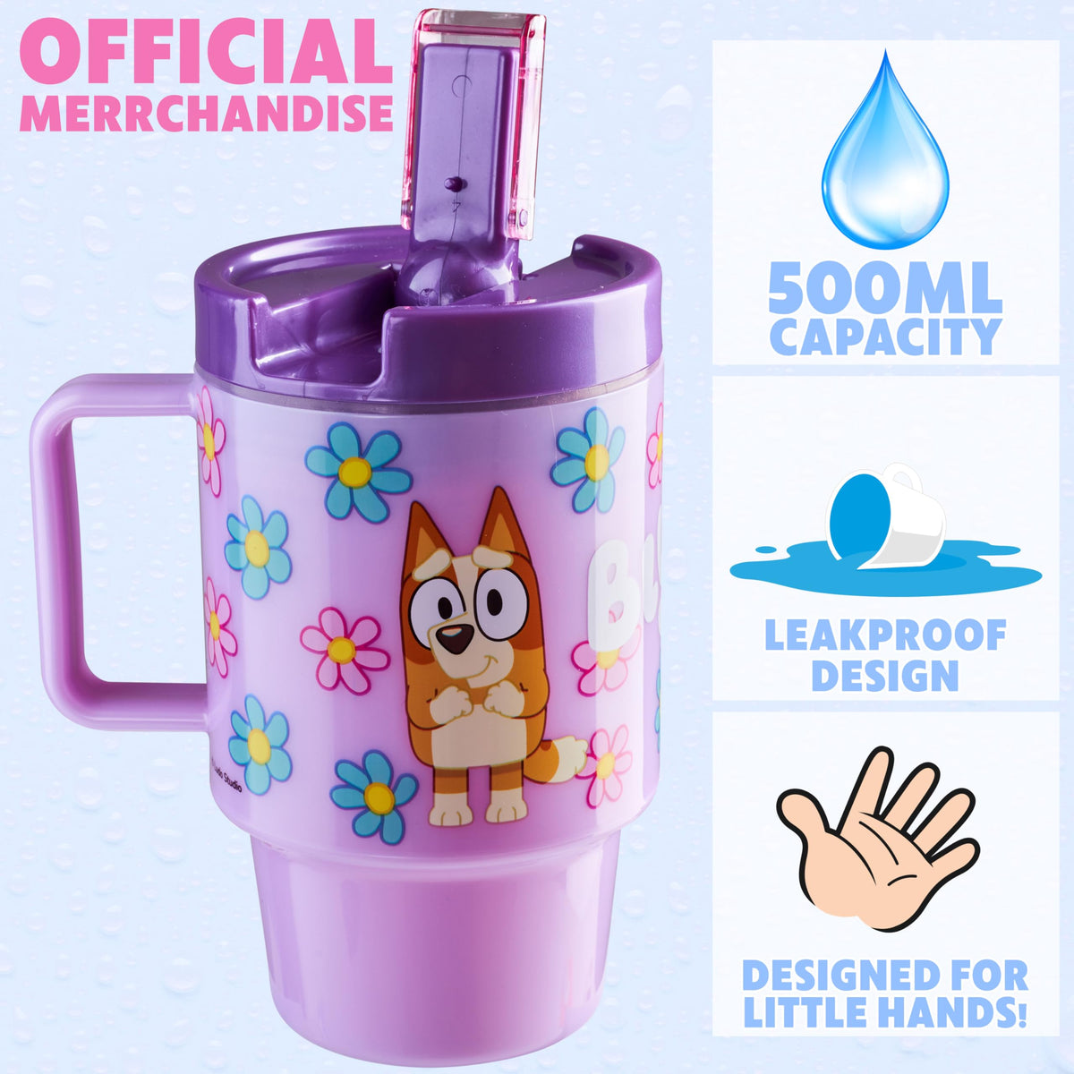 Bluey kids bottle lid flip shows leak prevention on the go.