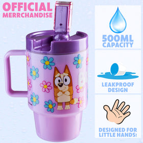 Bluey kids bottle lid flip shows leak prevention on the go.
