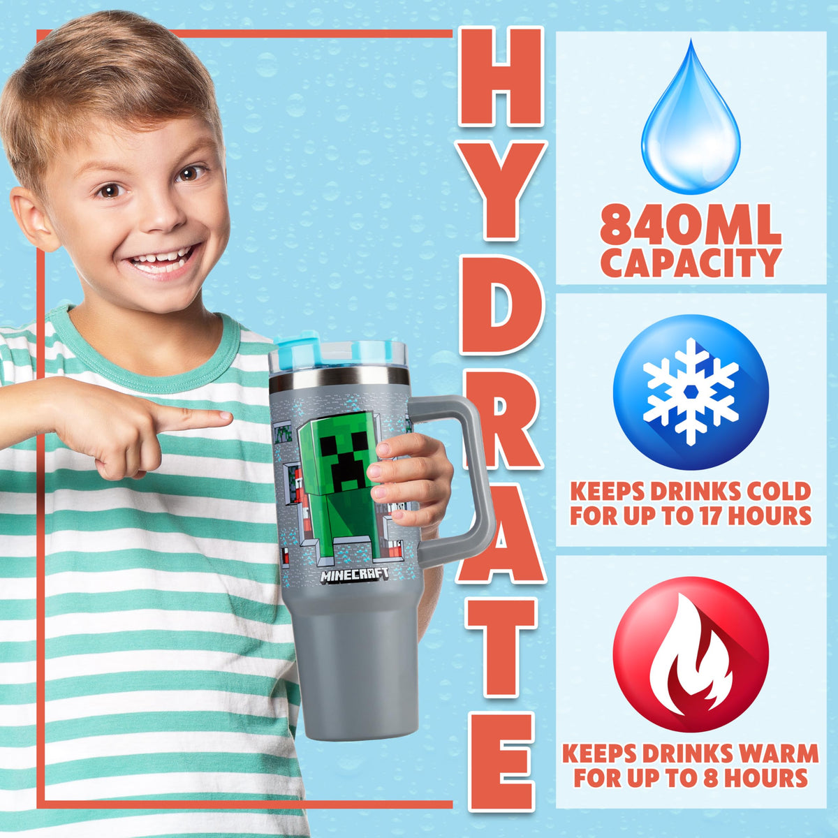 Get Trend Minecraft Kids Tumbler ergonomic handle for easy carrying on the go.
