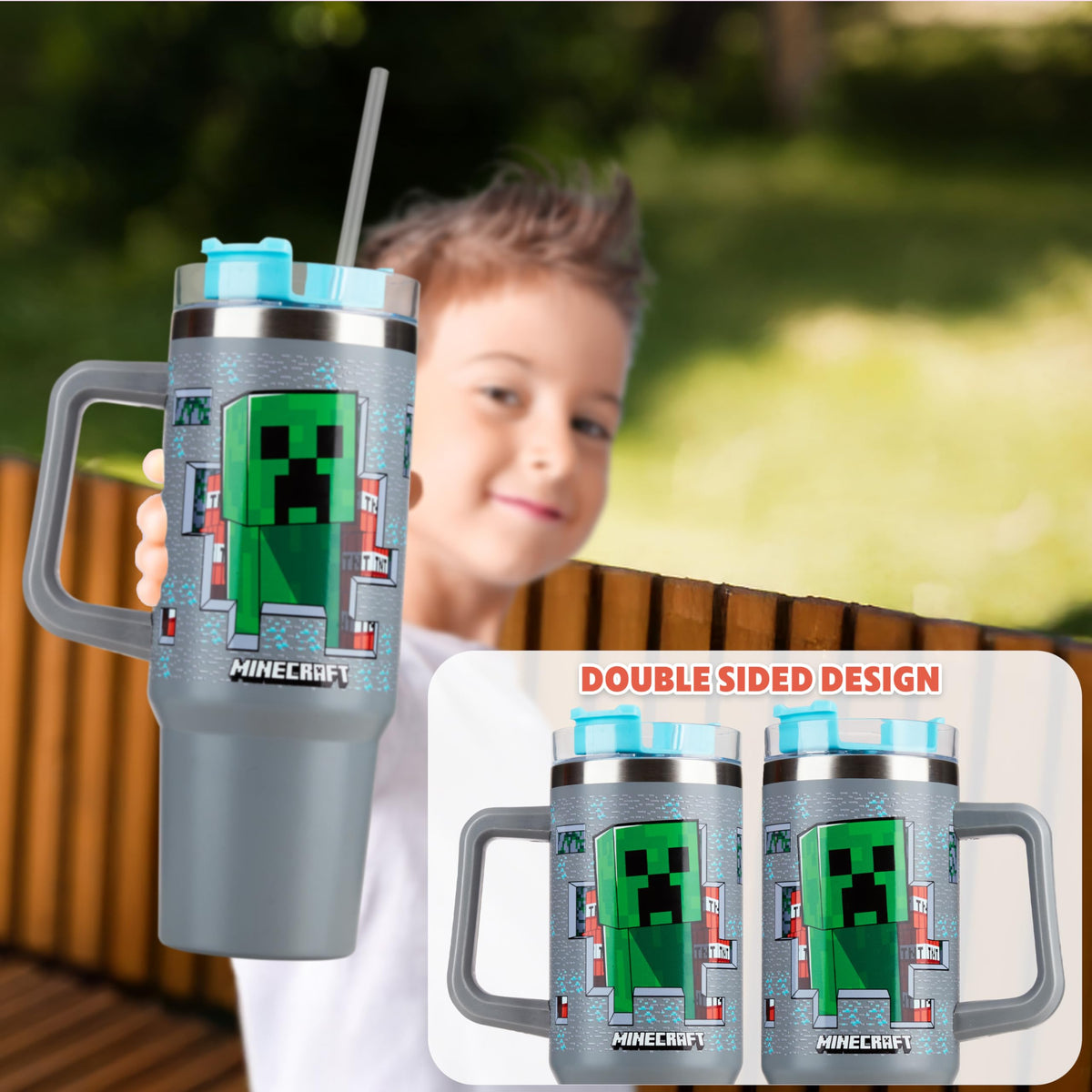 Get Trend Minecraft Kids Tumbler spill-proof lid minimizes mess in car and lunch boxes.