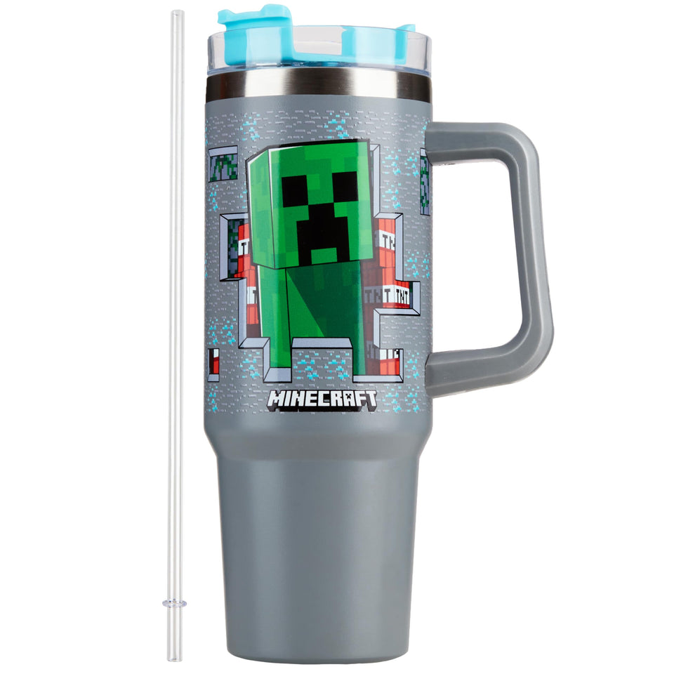 Get Trend Minecraft Kids Tumbler with straw lid for spill-resistant school use.