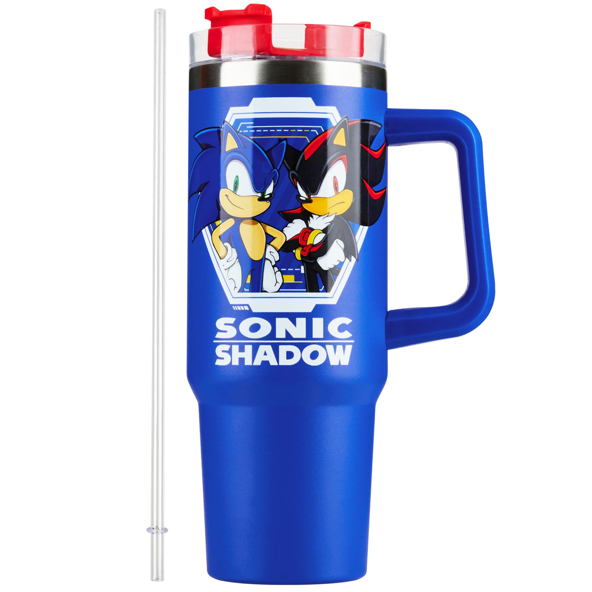 Get Trend Sonic Hedgehog kids tumbler with blue design and easy-grip handle for school.