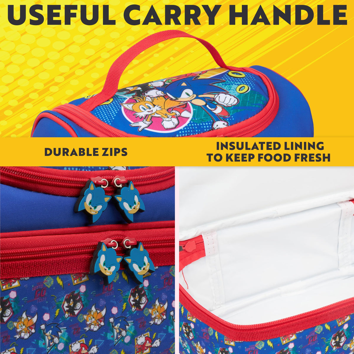 Get Trend Sonic lunch bag blue and red color options for kids.