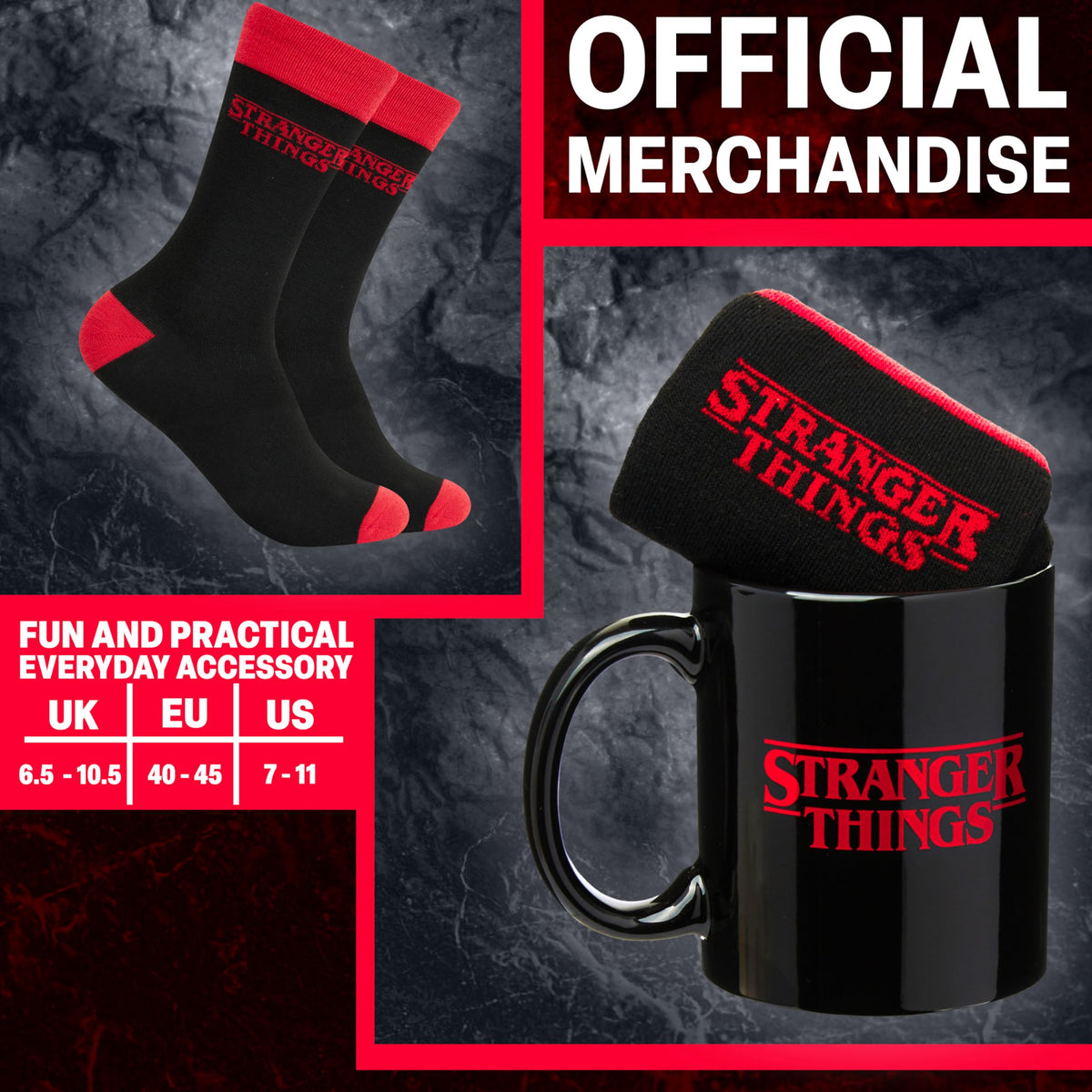 Get Trend Stranger Things socks fit US sizes 4–9 and 7–11.