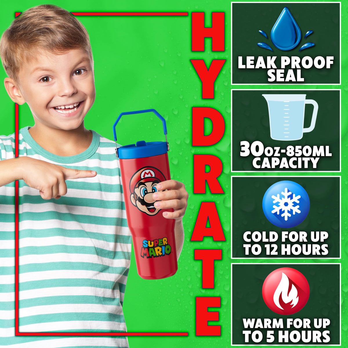 Get Trend Super Mario tumbler red side view showing easy grip handle