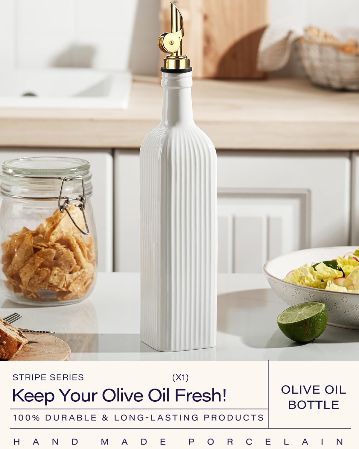 getstar white ceramic oil dispenser with embossed stripes for refined kitchen decor