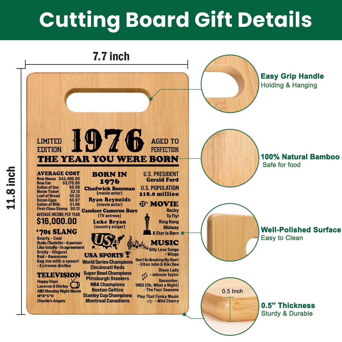GevGuxLuo 1976 cutting board back design, sparks conversation and keeps meals organized.