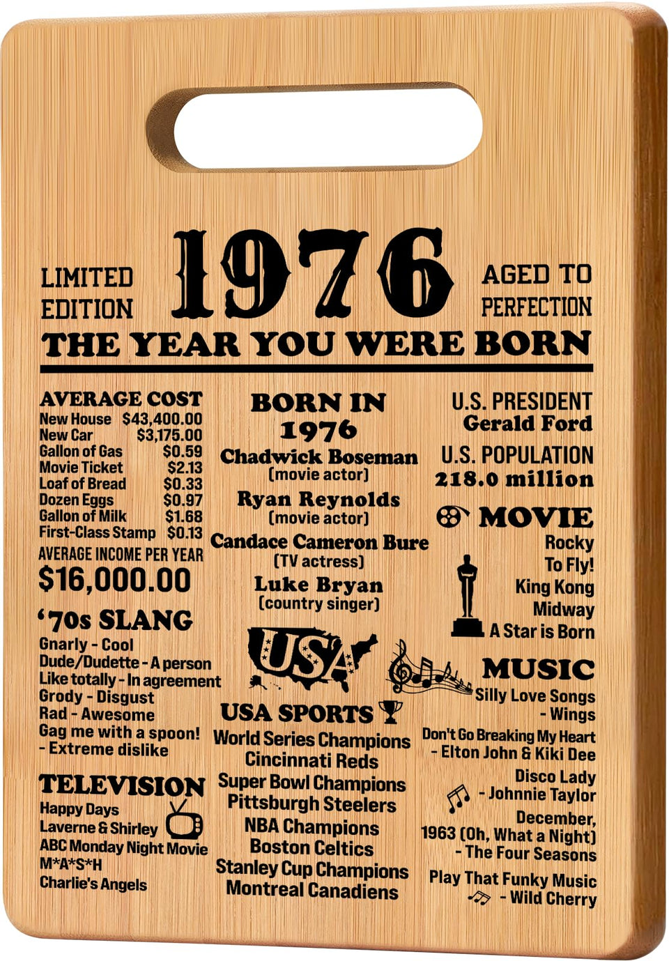 GevGuxLuo 1976 cutting board front view, blends nostalgia with convenient food prep.