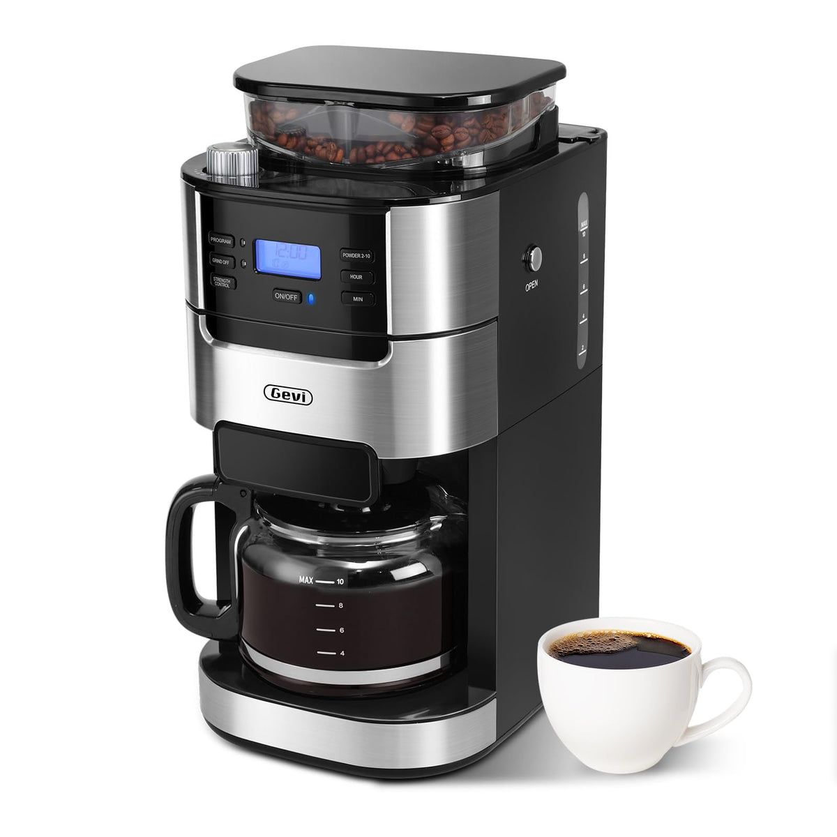 Gevi 10-Cup coffee maker with burr grinder, compact under-cabinet setup.