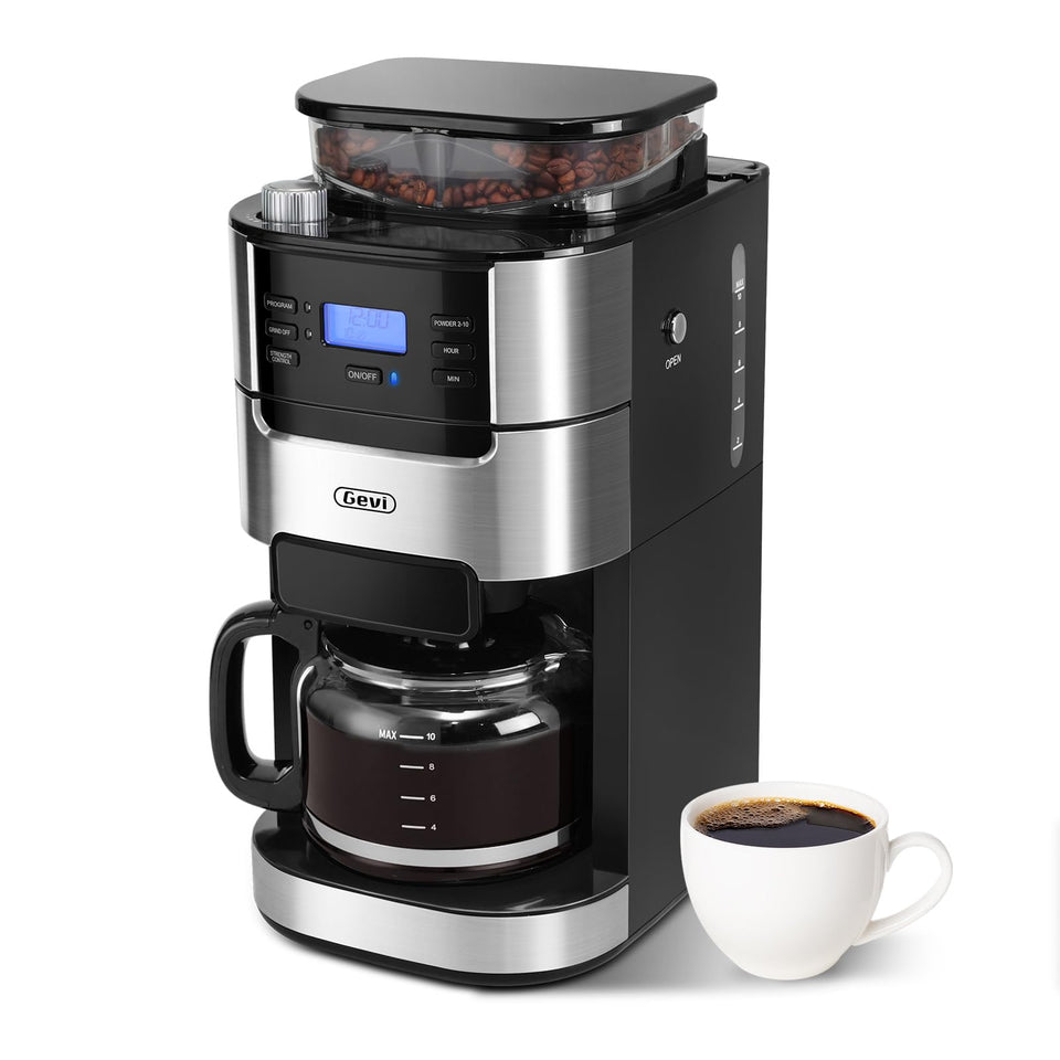 Gevi 10-Cup coffee maker with burr grinder, compact under-cabinet setup.