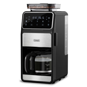 Gevi 10-cup coffee maker with built-in grinder showing control panel for easy brewing
