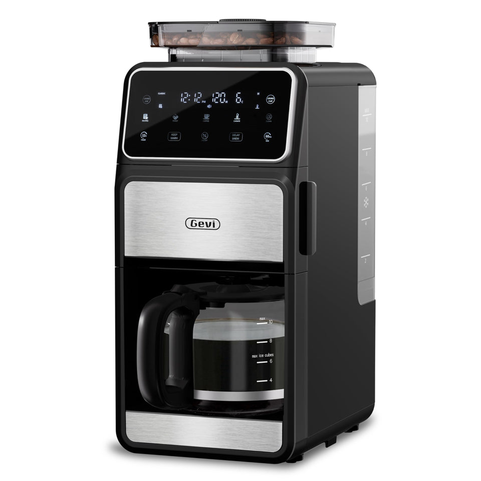Gevi 10-cup coffee maker with built-in grinder showing control panel for easy brewing
