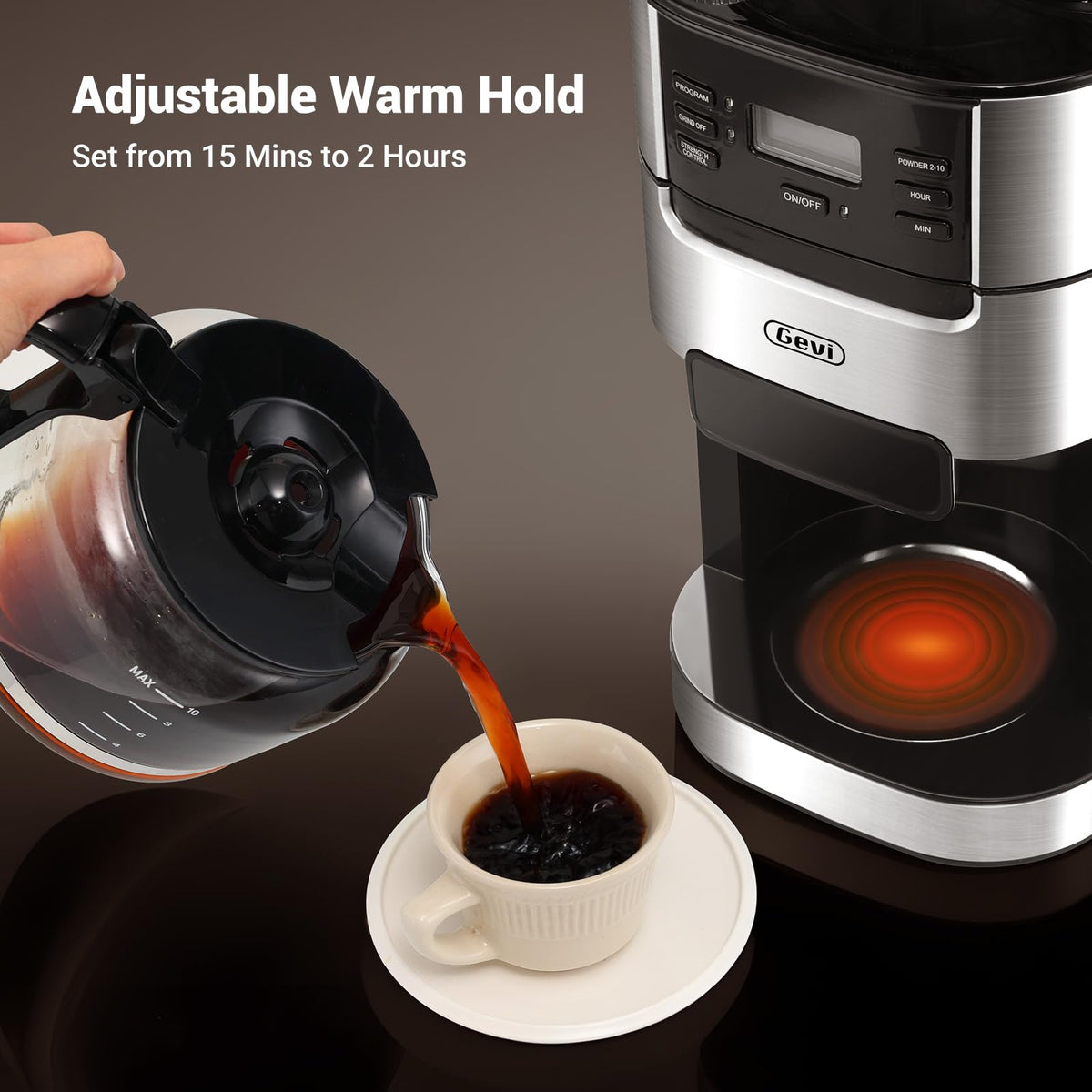 Gevi unit shows 3-strength and 8-grind options for personalized brew.