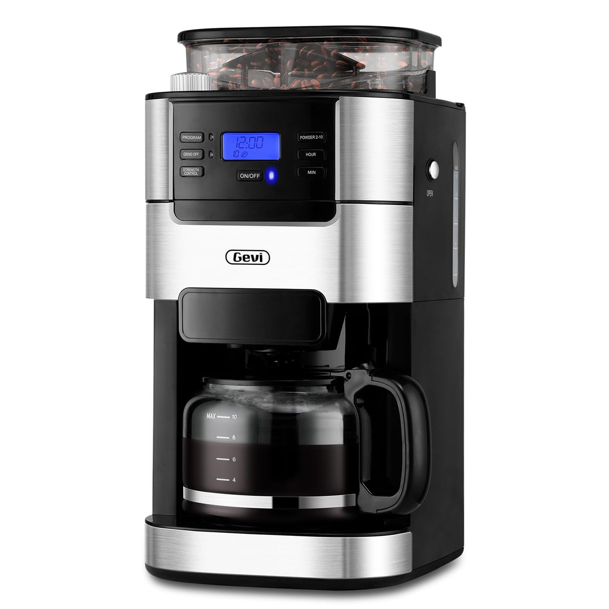 Gevi built-in burr grinder 10-cup coffee maker for fresh grounds at home.