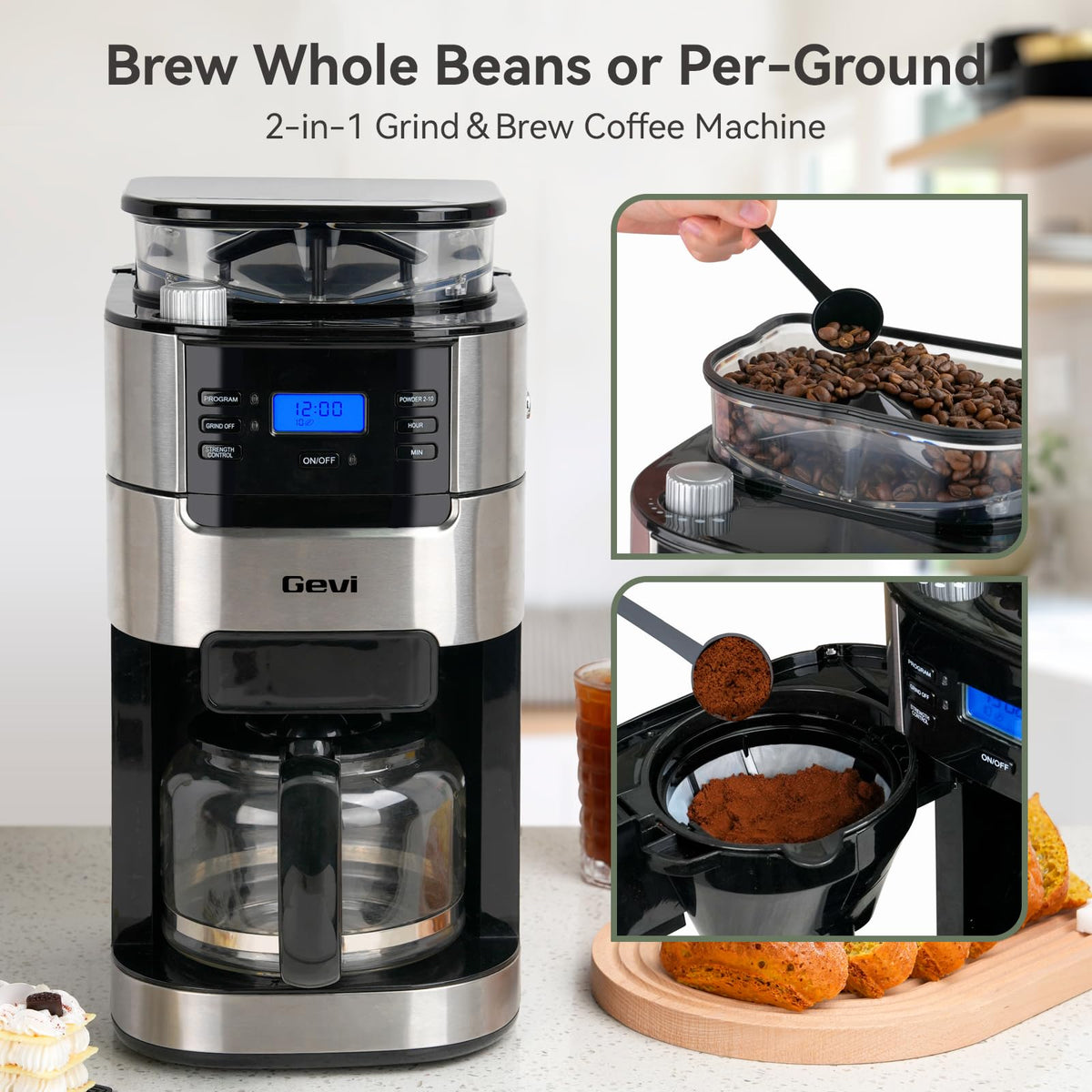 Gevi built-in burr grinder close-up highlighting precise grinding for deeper flavor