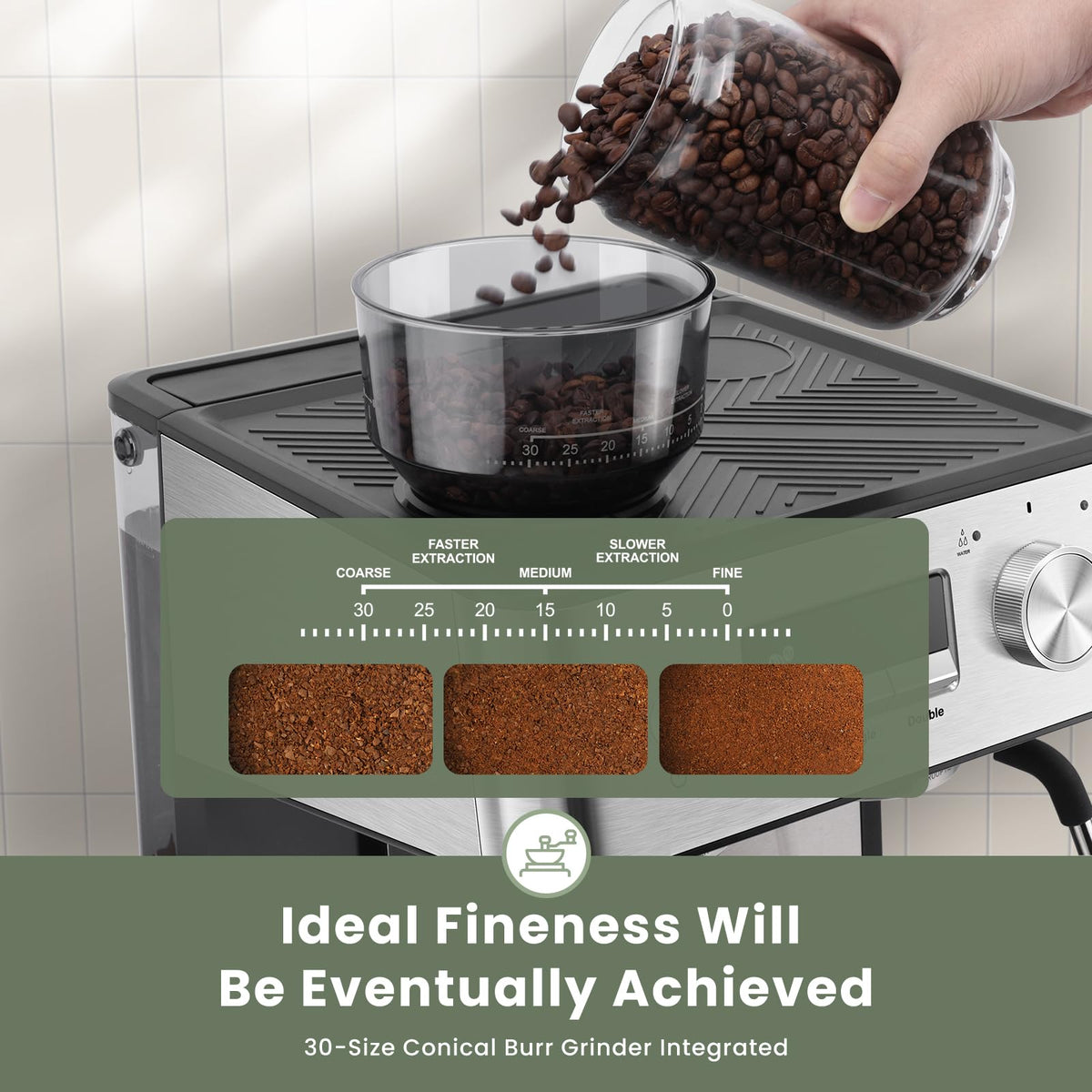 Gevi built-in conical burr grinder with a dial for precise settings.