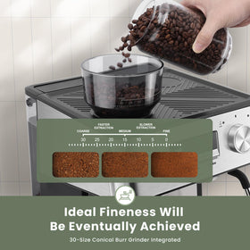 Gevi built-in conical burr grinder with a dial for precise settings.